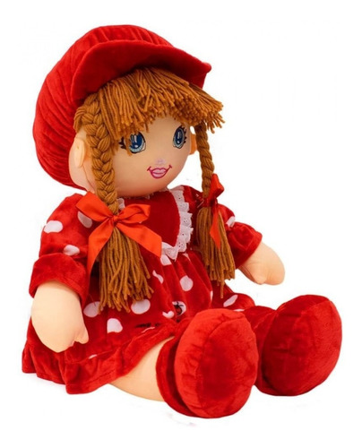 Boneca De Pano Com Chapéu Vestido Vermelho Joaninha 50cm